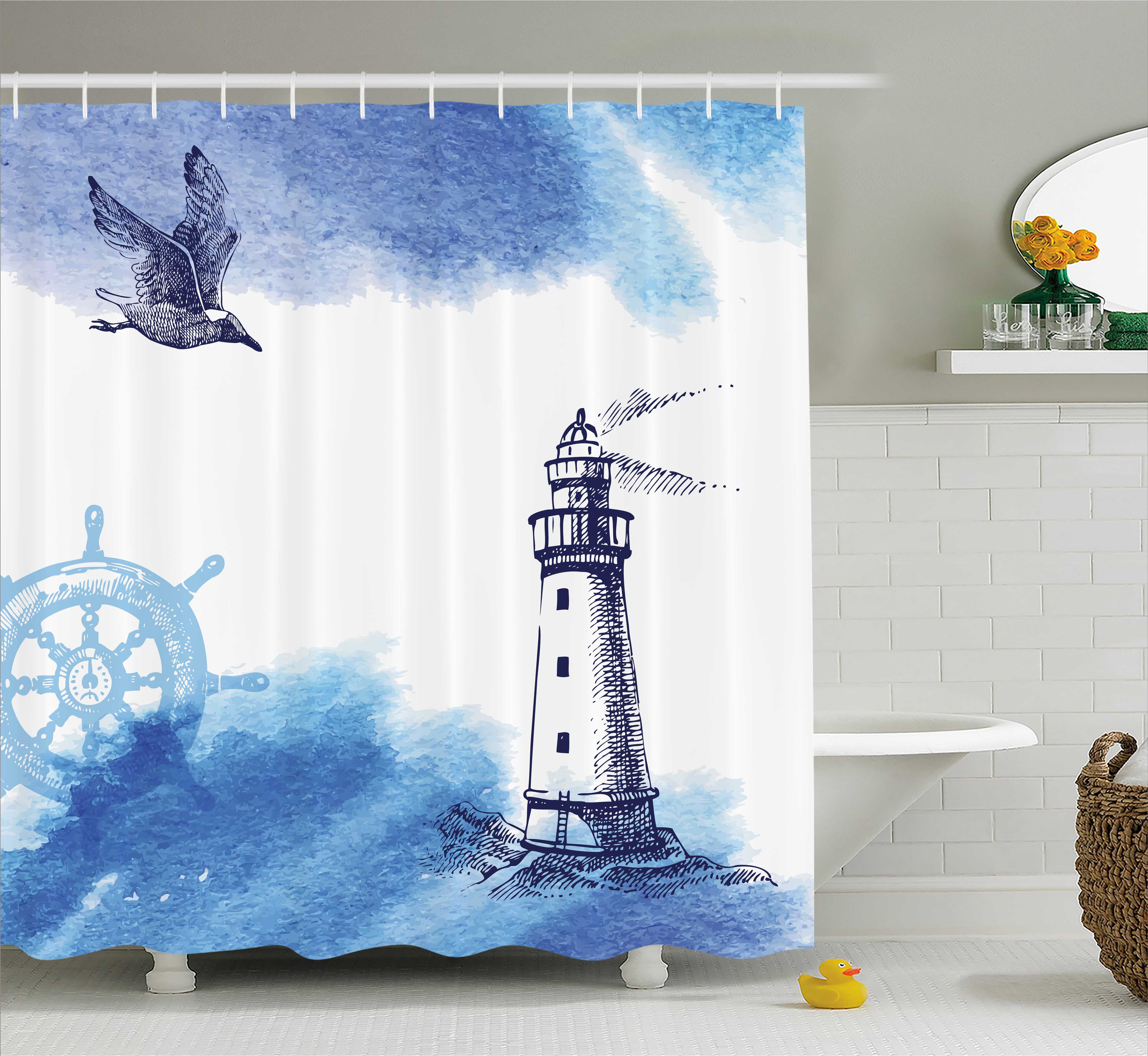 Lighthouse Shower Curtain, Nostalgic Watercolors with Gull Ancient
