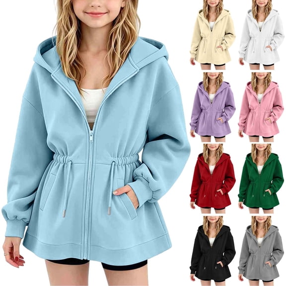 ZVAVZ Girls Long Zip Up Hoodies Adjustable Waist Hooded Sweatshirts Fashion Going Out Pullover Hoodie Winter Loose Fit Outwear Light Blue 7-8 Years