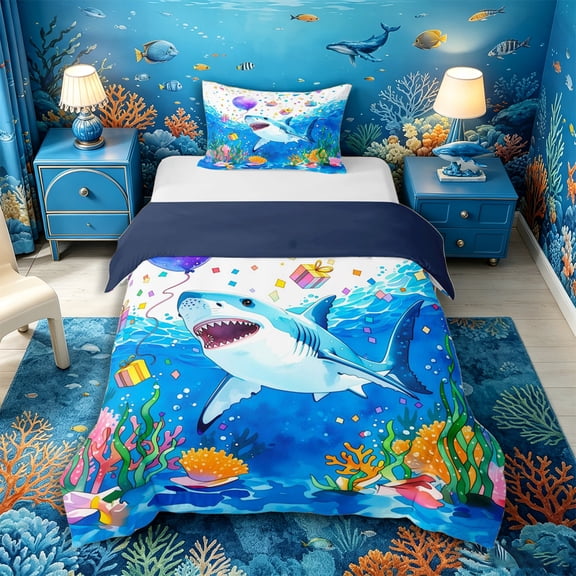 Castle Fairy Watercolor Birthday Shark Art Twin Duvet Cover,Confetti Gift Coral Party Print Twin Bedding,Purple Cyan,Navy Blue Reversible,2pcs,No Comforter,1 Duvet Cover and 1 Pillowcase