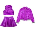 thumbnail image 3 of Zaldita Kids Girls Shiny Metallic Sleeveless Crop Tops Long Sleeve Bomber Jacket with Skater Skirt Set Performance Costume Purple 10, 3 of 6