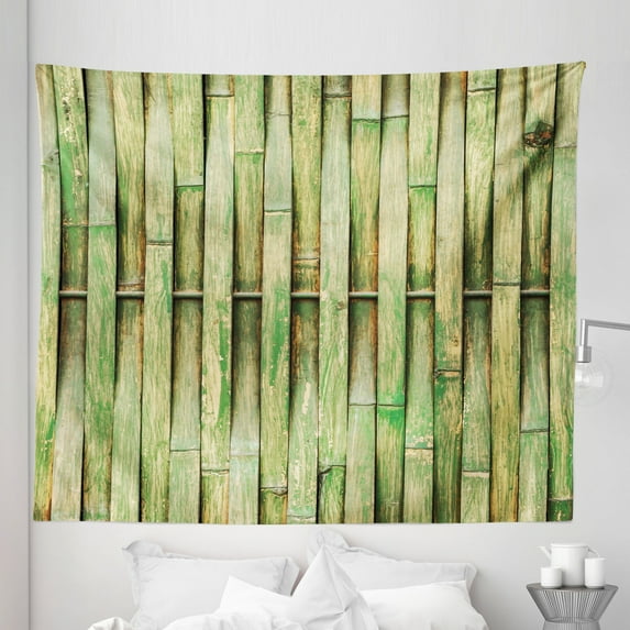 Bamboo Print Tapestry, Botanical Exotic Branch Wall Design Grid, Fabric Wall Hanging Decor for Bedroom Living Room Dorm, 5 Sizes, Fern Green Khaki, by Ambesonne