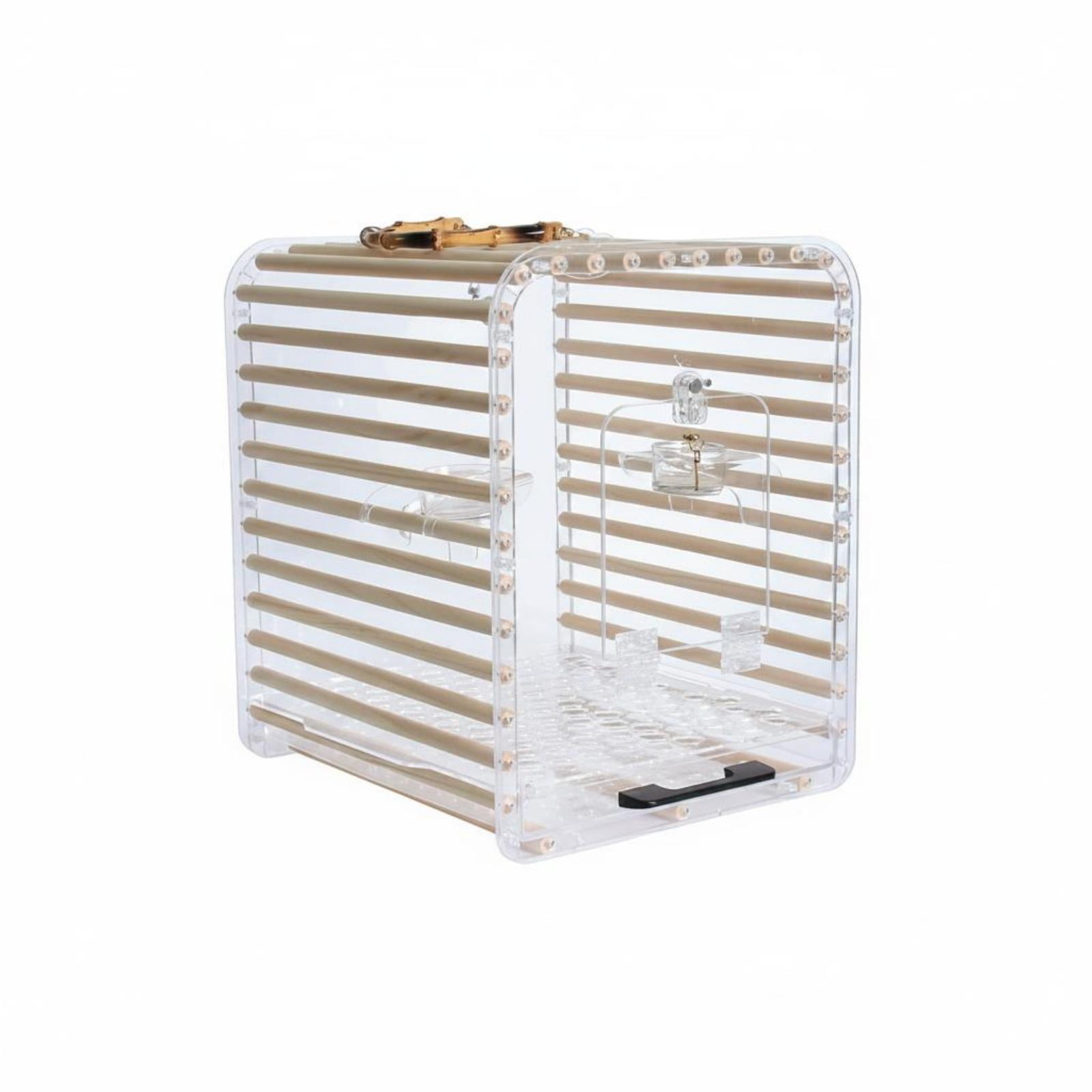 Bvdfgk Pet Bird Transport Cage Bamboo Handle Acrylic Bird Carrier Wood Slats Pet Medium Flat Top