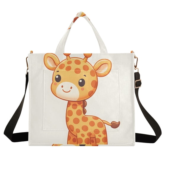 Cute Giraffe Corduroy Tote Bag Handbag Large Messenger Bag Shoulder Crossbody Zipper Bag Purse