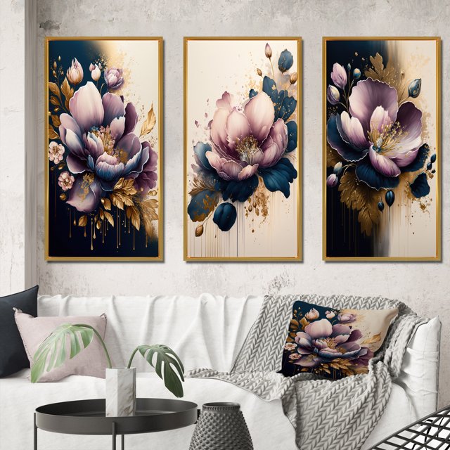 Designart "Deep Pink and Blue Crocus Blossom II" Floral & Botanical Framed Wall Art Set Of 3 - Pink Crocus Frame Canvas Set For Living Room Decor