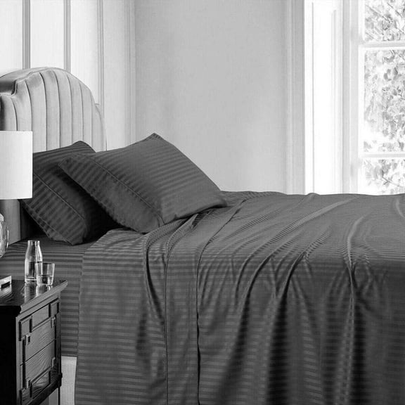 H&H Décor Hotel Quality 4-Piece Sheet Set, Luxuriously Soft Long Staple Egyptian Cotton, Deep Pocket 15", Elegant Stripe Pattern, Premium Bedding Set – Grey_Multiple Sizes