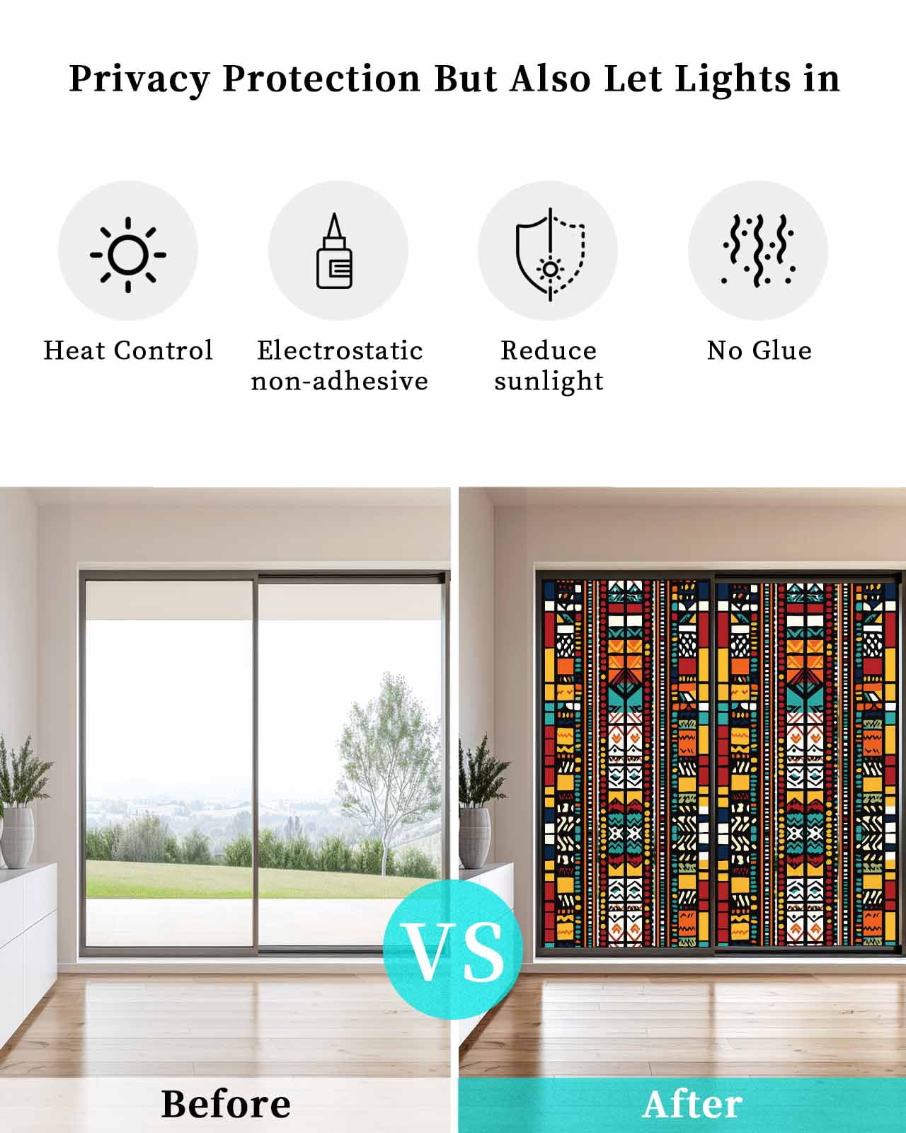 Window Privacy Film Colorful Boho Stained Glass Window Film Decorative Sun Block Window Cover Farmhouse Abstract Geometric Ethnic Art Window Clings Static Adhesive Sticker for Bathroom 23.6"x59"