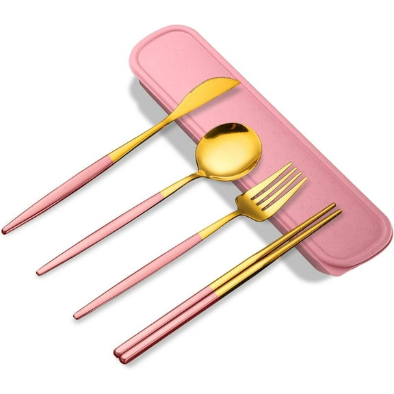 WZW Premium Travel Flatware Set,4 Pieces Golden Stainless Steel Flatware with Pink Coated Handles and Eco-Friendly Storage Case,Reusable, Portable Camping and Office Essentials
