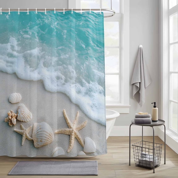 Bathroom Shower Curtain Coastal Beach Shell Starfish Waterproof Shower Curtains with Hooks, Summer Teal Water Ripple Bath Curtains Bathtub Curtain Home Decor 36x72in