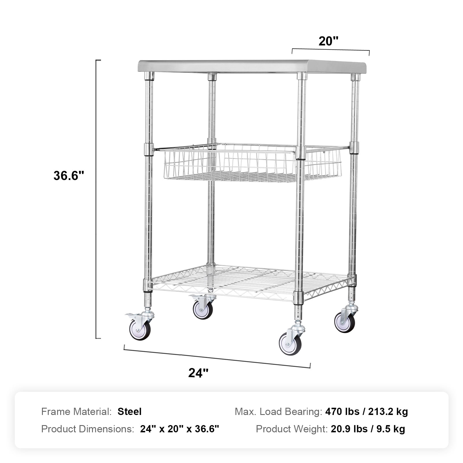 VEVOR Kitchen Utility Cart,3 Tiers, Wire Rolling Cart with 470LBS Capacity,Steel Service Cart on Wheels, Metal Storage Trolley with 76mm Basket Curved Handle PP Liner 6 Hooks, for Indoor and Outdoor