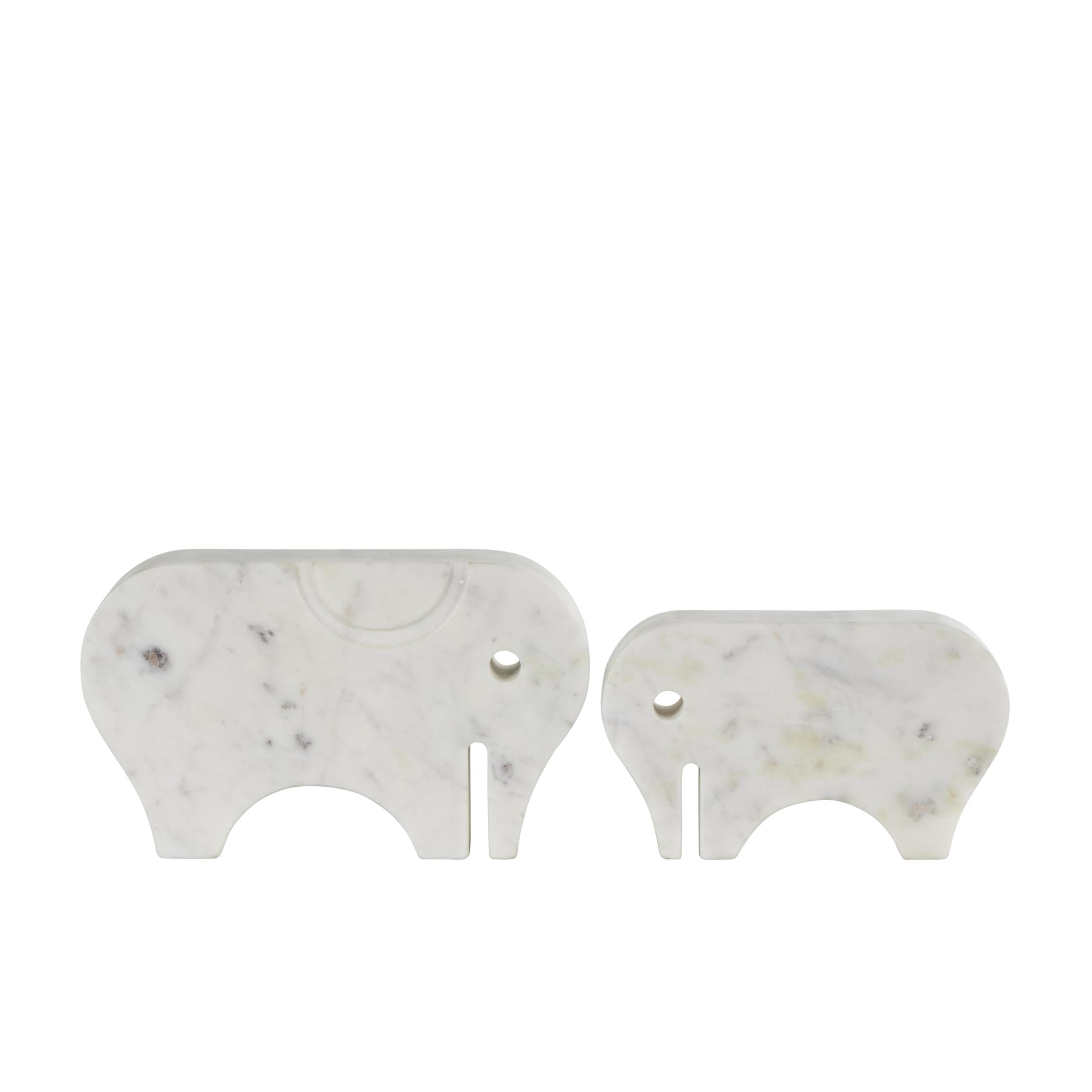 6", 5"H White Marble Rounded Abstract Elephant Sculpture with Gray Marble Veins and Cutouts, by DecMode (2 Count)