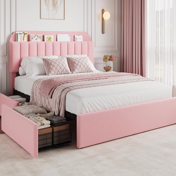 KOKEBREN Pink Full Bed Frame with Storage Headboard & 2 Drawers, Boucle Upholstered Platform Bed Frame with Bookcase