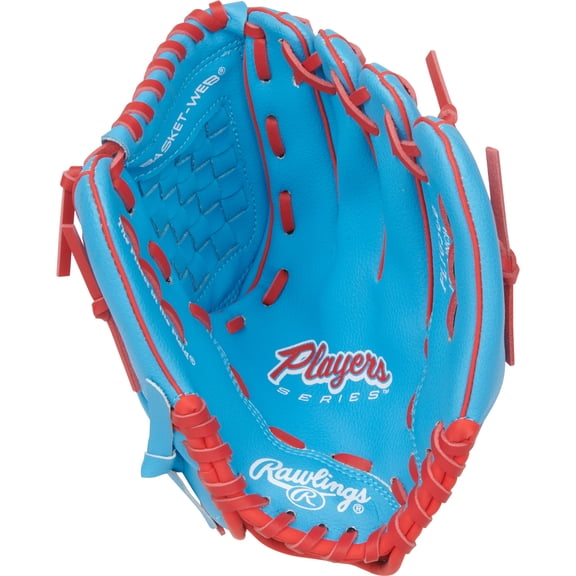 Rawlings Players Series Youth Glove | Columbia Blue/Scarlet | 10.5-Inch | Basket Web