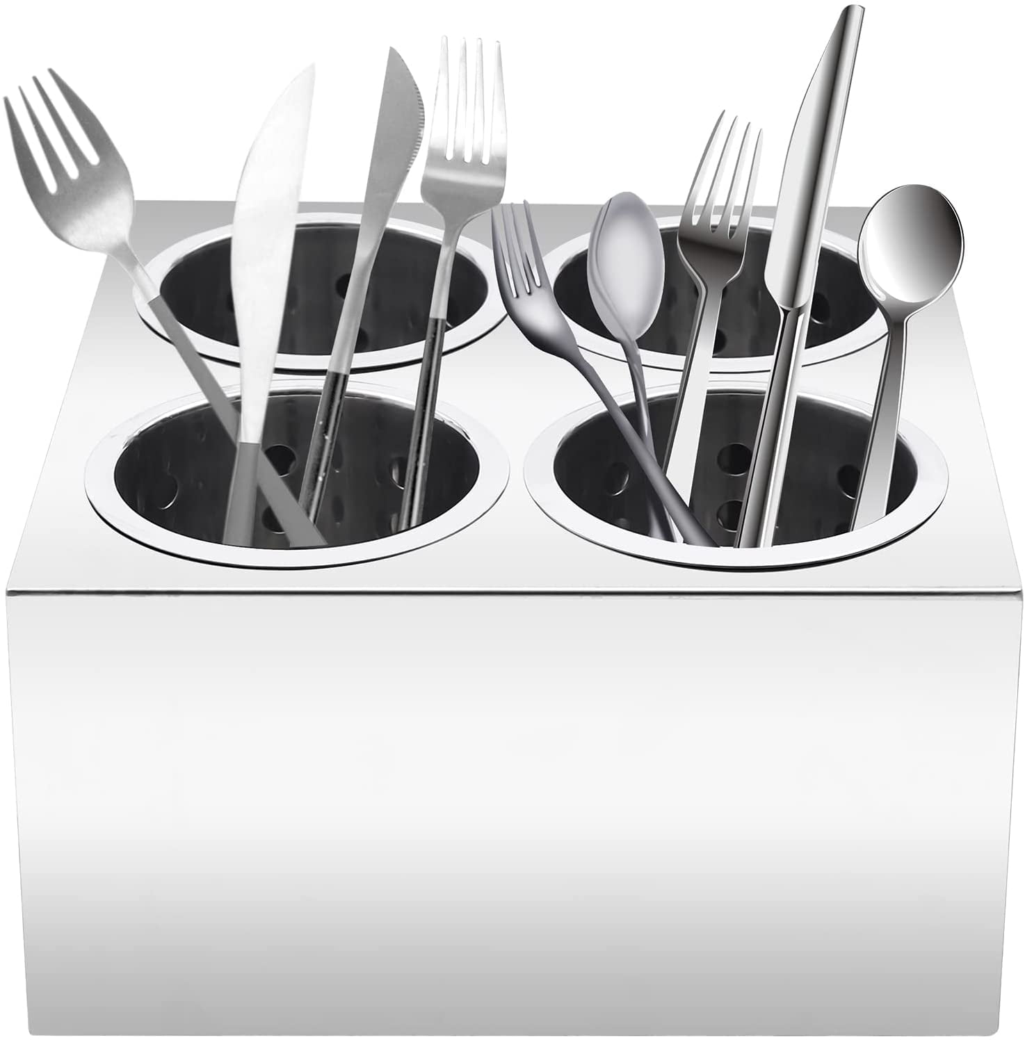 FETCOI Commercial 4-Hole Stainless Steel Cylinder Utensil Holder Organizer Kitchen Flatware Silverware Cutlery Holder Drainable