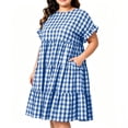 thumbnail image 5 of Vivianyo HD Women's PLuse Size Round Neck Gingham Tiered Dresses, Ruffle Short Sleeve Loose Casual Midi Sundresses With Pockets for Women, Women's Blue, Sizes L-5XL, 5 of 9
