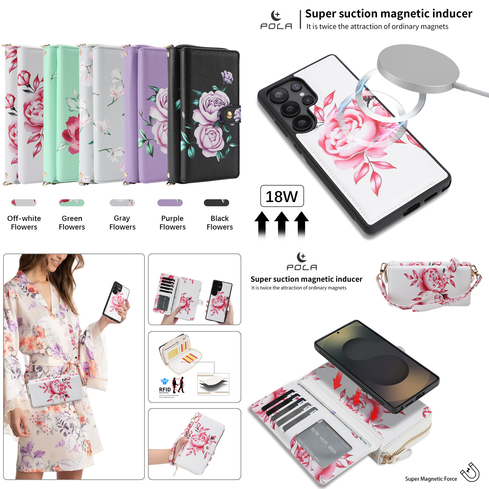 TECH CIRCLE 2-in-1 Wallet Case for Galaxy S23 (6.1", 2023), Detachable Magnetic Back Cover, PU Leather Flip Flower Phone Case with 15 Card Slots, Zipper Pocket, Wrist/Shoulder Strap, White