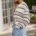 thumbnail image 4 of Women's Long Sleeve Striped Cardigan Knit Sweaters Crew Neck Open Front Button Up Color Block Loose Fit Sweaters Coats, 4 of 4