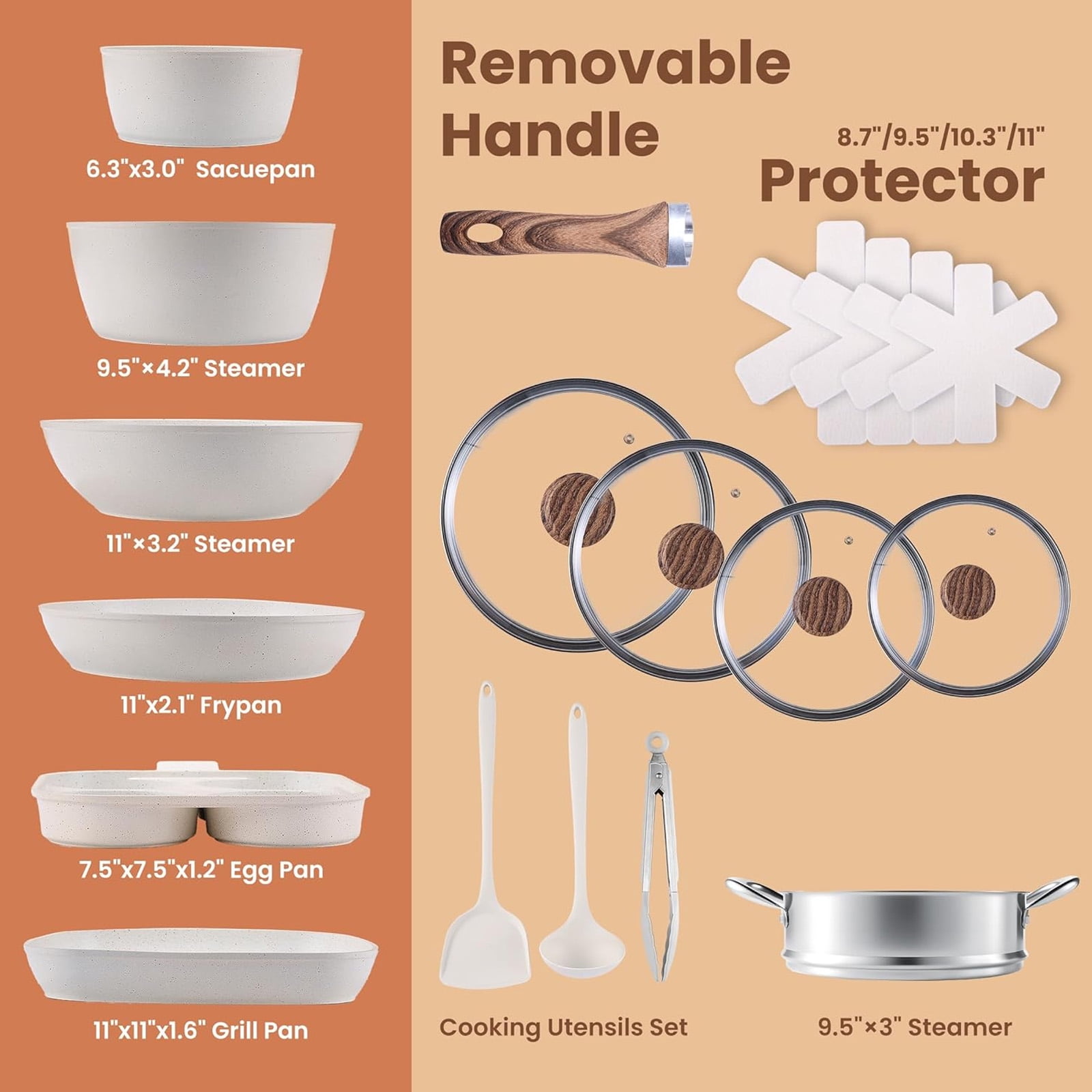 Casabay 17-Piece Non-Stick Cookware Set, Healthy Pots and Pans with Lids & Removable Handle, Space-Saving for Kitchen Storage, Beige