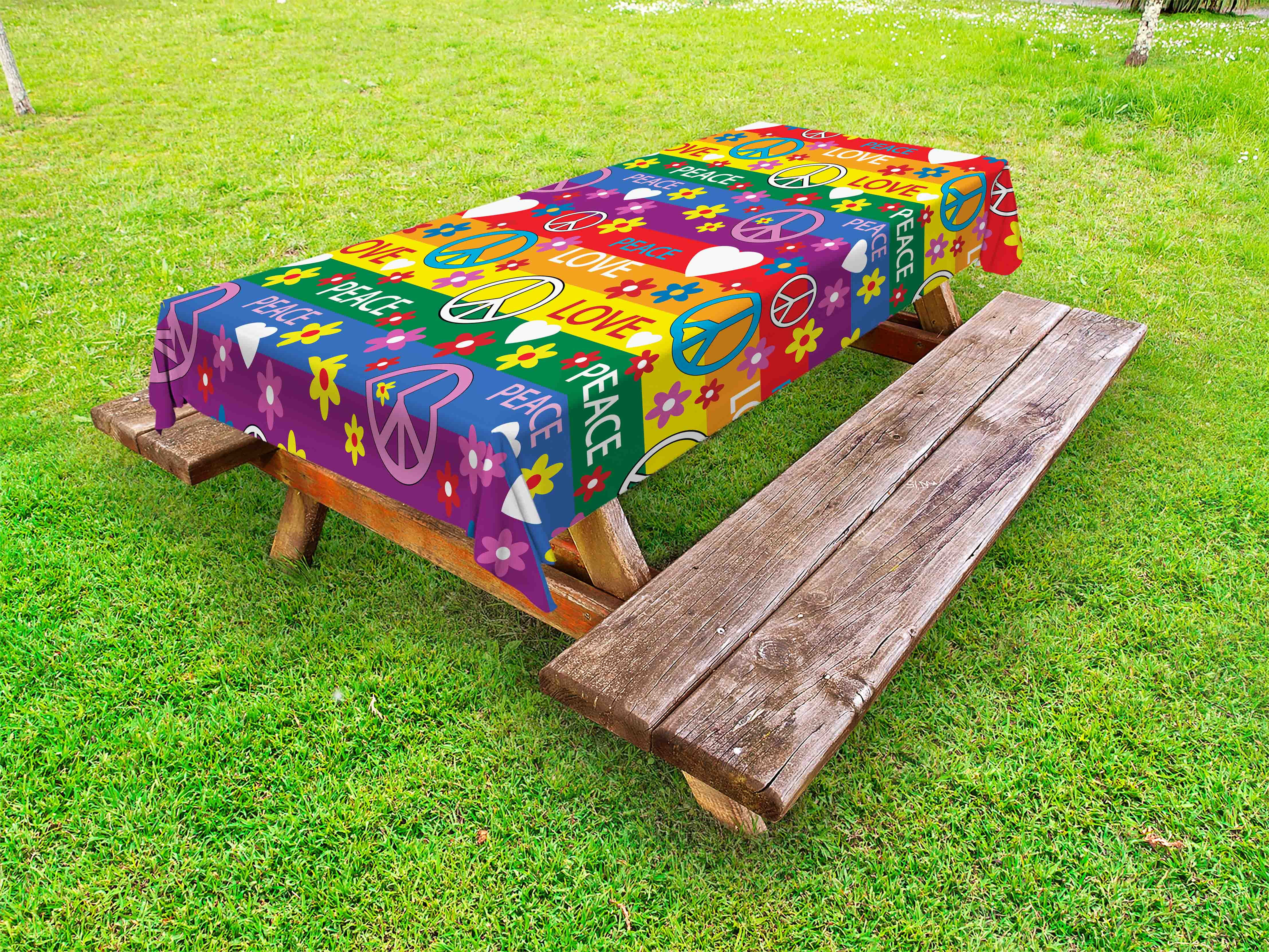 Groovy Outdoor Tablecloth, Heart Peace Symbol Flower Power Political Hippie Cheerful Colors