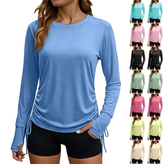 Hilenly Rash Guard for Women Long Sleeve UPF 50 Swim Shirts Side Drawstring SPF UV Shirts with Thumb Hole Sun Protection Clothing