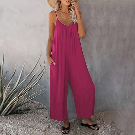 

Summer Jumpsuits for Women Casual Beach Women s Loose Sleeveless Jumpsuits Adjustable Spaghetti Strap Stretchy Long Pant Romper Jumpsuit with Pockets