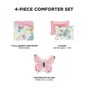 Regency Heights Full/Queen Size Comforter Sets, 4-Piece Kids Bedding Set for Girls, Butterfly Floral Comforter Bed Set, White/Pink
