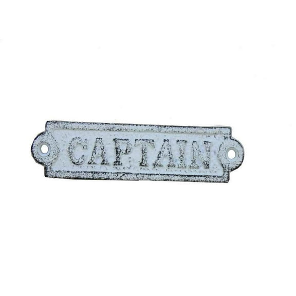 Hampton Nautical Cast Iron Captain Sign Metal Wall Plaque, 6", Whitewashed