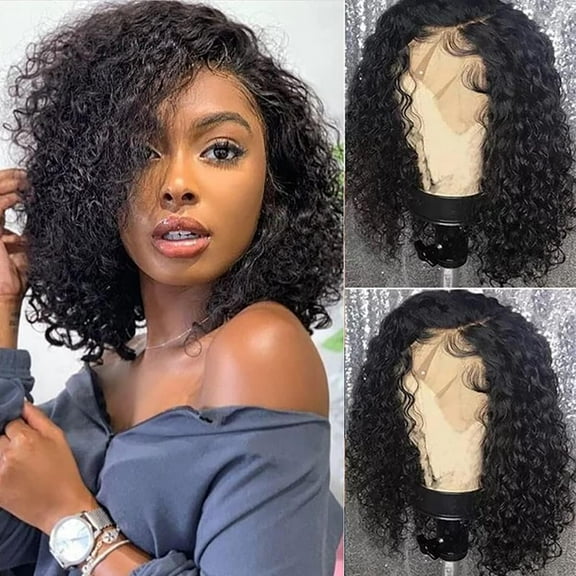 Curly Bob Lace Front Wigs Human Hair Pre Plucked Glueless Short Human Hair Wigs for Black Women 180% Density 13x4 HD Transparent Lace Frontal Wigs with Baby Hair Natural Black 14 Inch