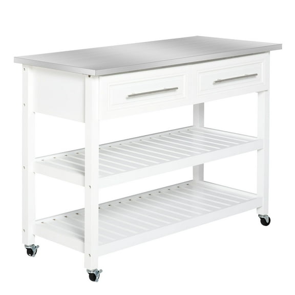 Kitchen Cart on Rollers, White, Stainless Steel Top, Rolling Island Cart with Drawers