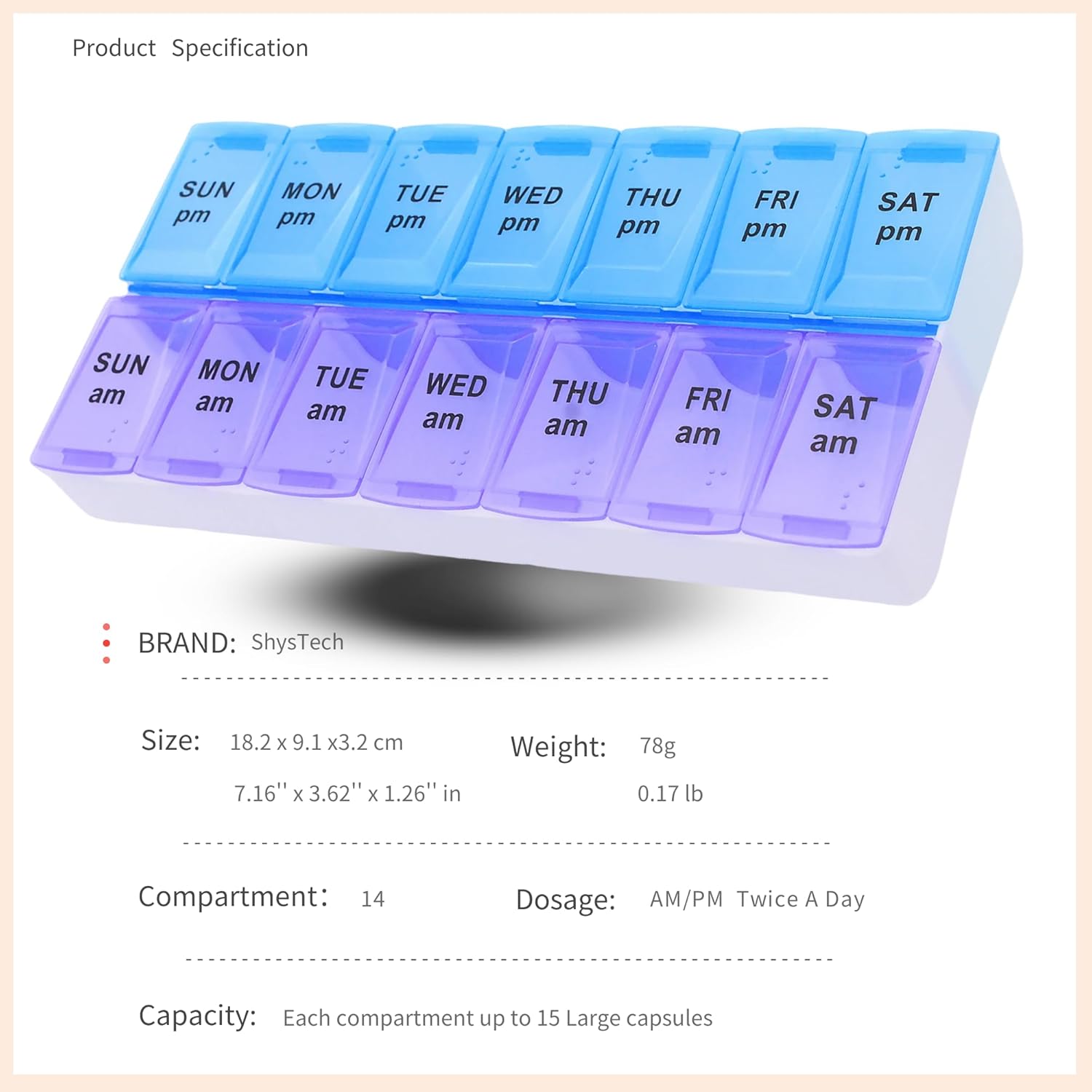 7 Day Weekly AM PM Pill Organizer, Large Pill Case Pill Box for Pills Vitamin Supplements Medication (Purple/Blue)