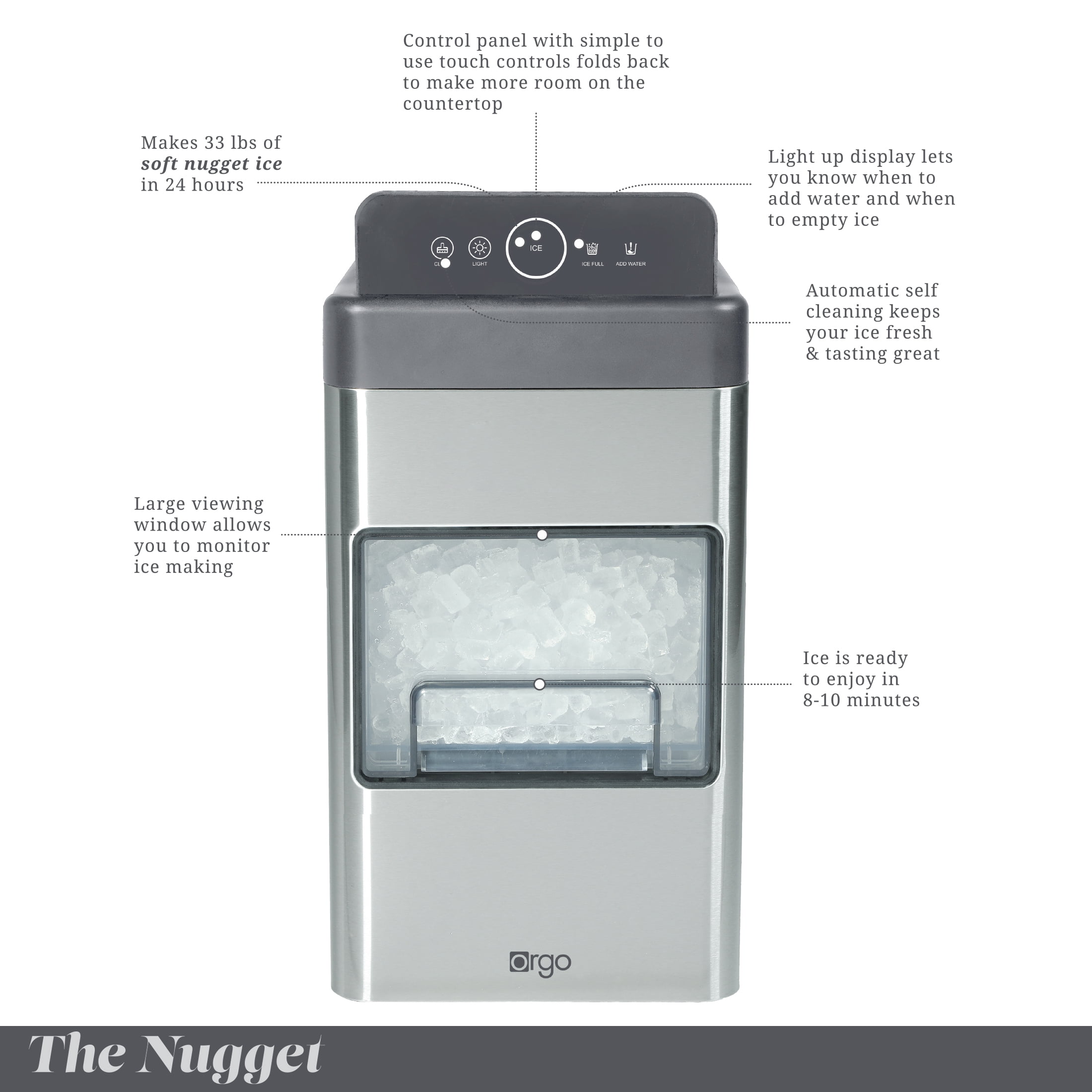 The Orgo Nugget Countertop Ice Maker – Portable Chewable Ice Machine for Home & Office, Self-Cleaning, Compact Design, Gray