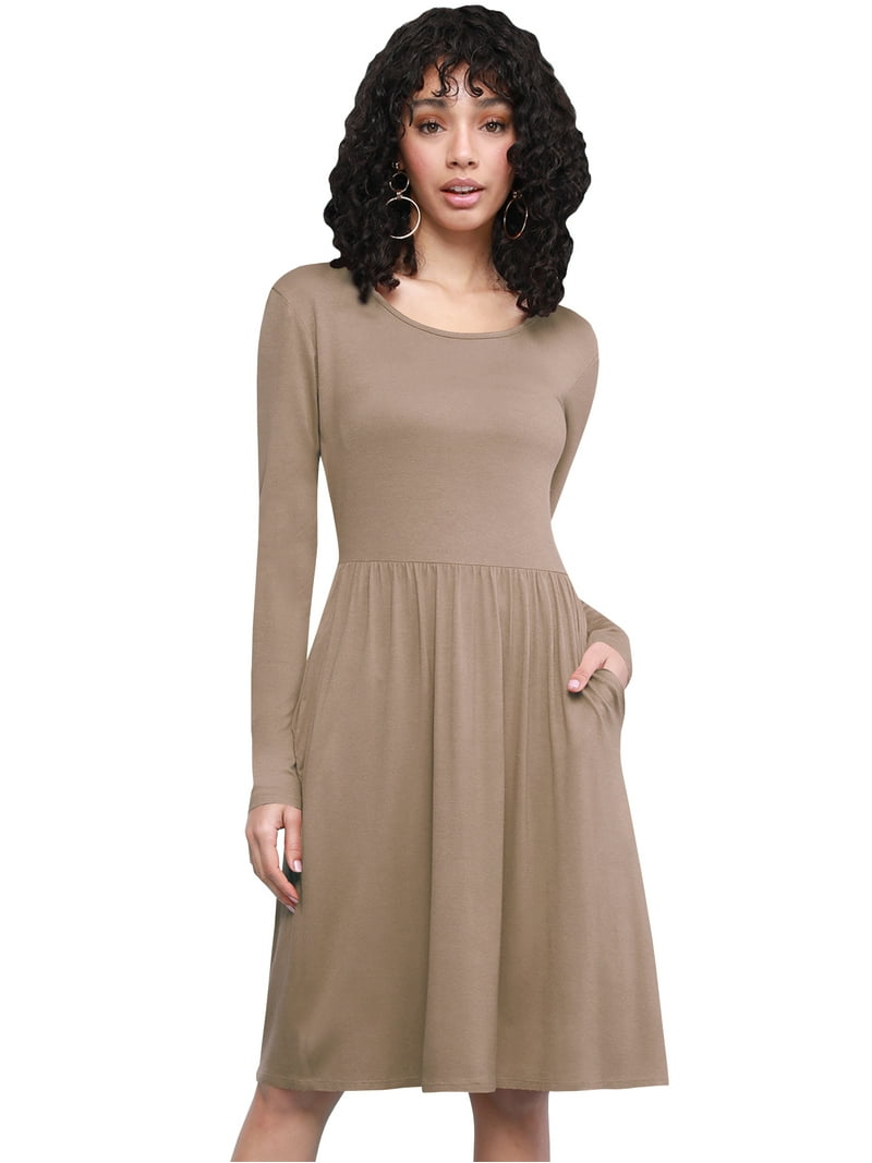 Made by Johnny Women's Comfy Casual Long Sleeve Flowy Dresses Loose Plain  Dress with Pockets S TAUPE - Walmart.com