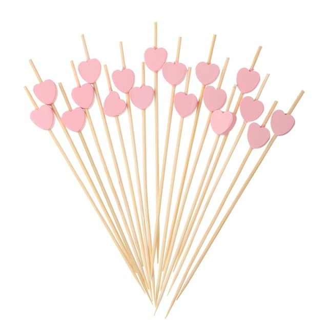 Uxcell 200Pcs Palillos de cóctel en forma de corazón de bambú para bebidas, alimentos y frutas, rosa