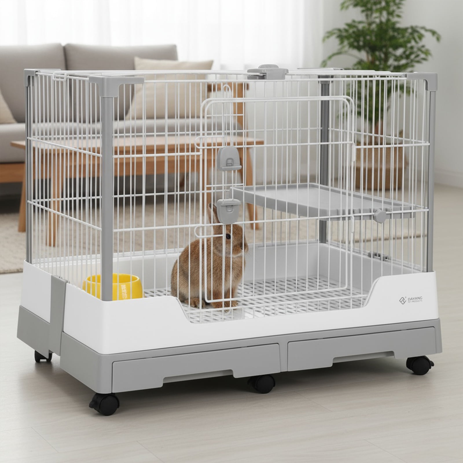 golytefs Gravity Lock Rabbit Cage with Pull Out Tray Wheeled Bunny Hutch Cage (Grey)