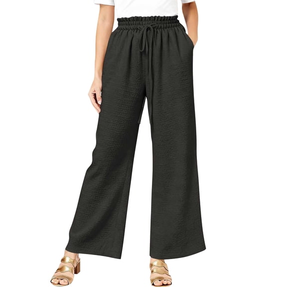 Summer Linen Pants Women Drawstring Elastic Waist Wide Leg Palazzo Pants Casual Flowy Beach Cropped Trousers Black S