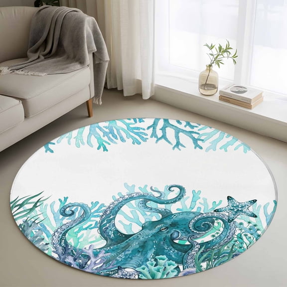 Round Area Rugs Collection 4 Ft, Ocean Green Octopus Non-Slip Residential Carpet, Coastal Coral Beach Nautical Starfish Indoor Crawling Mats Runner Rugs for Living Room/Dining Room/Bedroom
