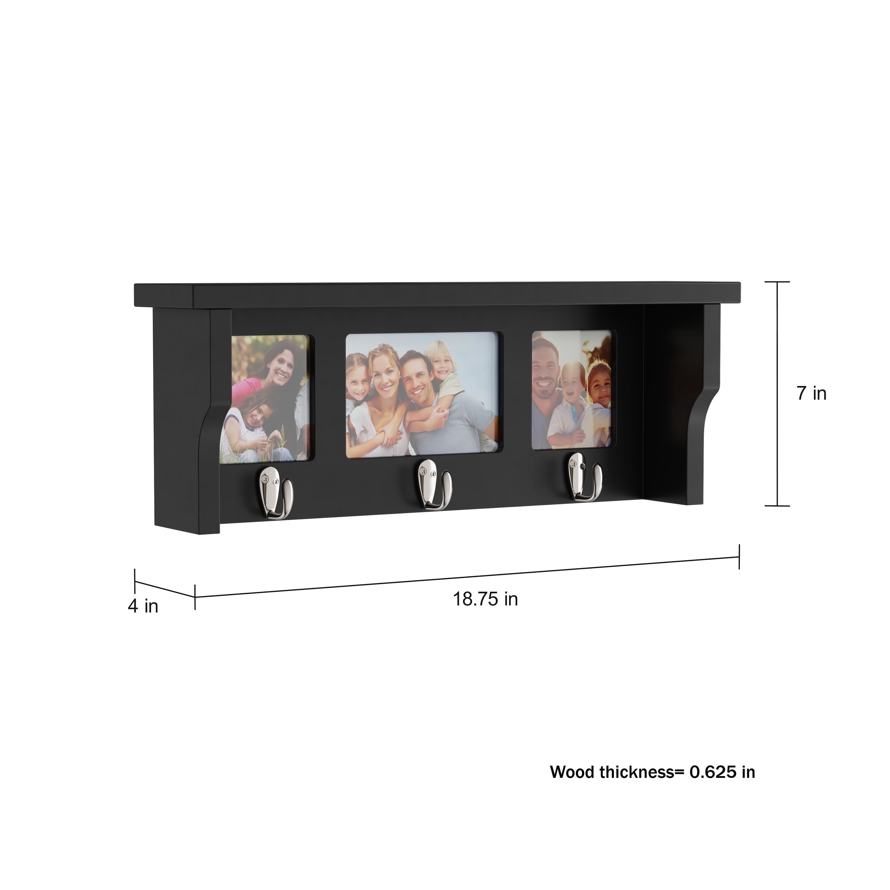 Lavish Home Wall Shelf and Picture Collage with Ledge and 3 Hanging Hooks- Holds 3 Photos (Black)