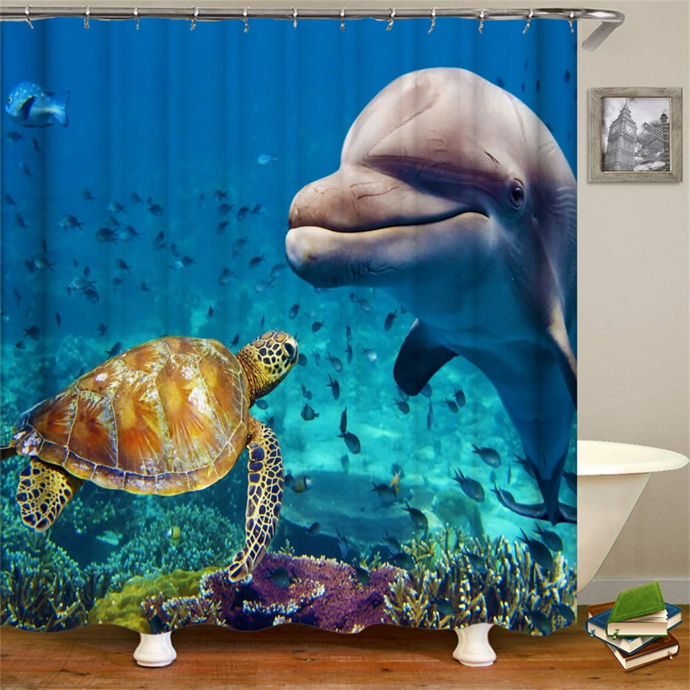 Shower Curtain Set With Hooks Aquarium Dolphin Sea Turtle Ornamental Fish Group Teal Theme Bathroom Decor Waterproof Polyester Fabric Bathroom Accessories Bath Curtain Walmart Canada