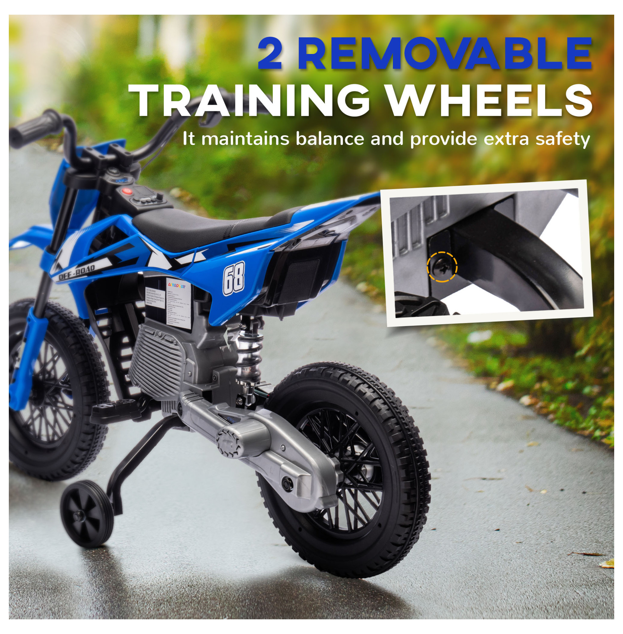 Qaba Kids Dirt Bike with Twist Grip Throttle, 12V Electric Motorcycle, Electric Bike for Toddler with Training Wheels, Rear Suspension & Music, Blue