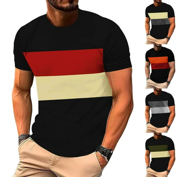 Mens Color Block Short Sleeve T-Shirts Casual Crew Neck Tops Lightweight Breathable Streetwear Summer Vacation Fashion Father's Day Gift Regular Fit Basic Tees