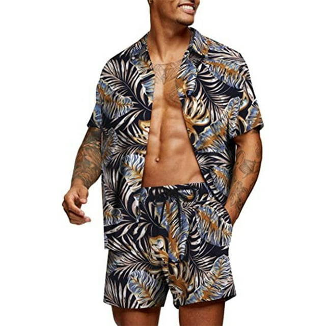 Sunloudy - Conjunto de camisa de manga corta con botones y pantalones cortos de playa para hombre Sunloudy moda