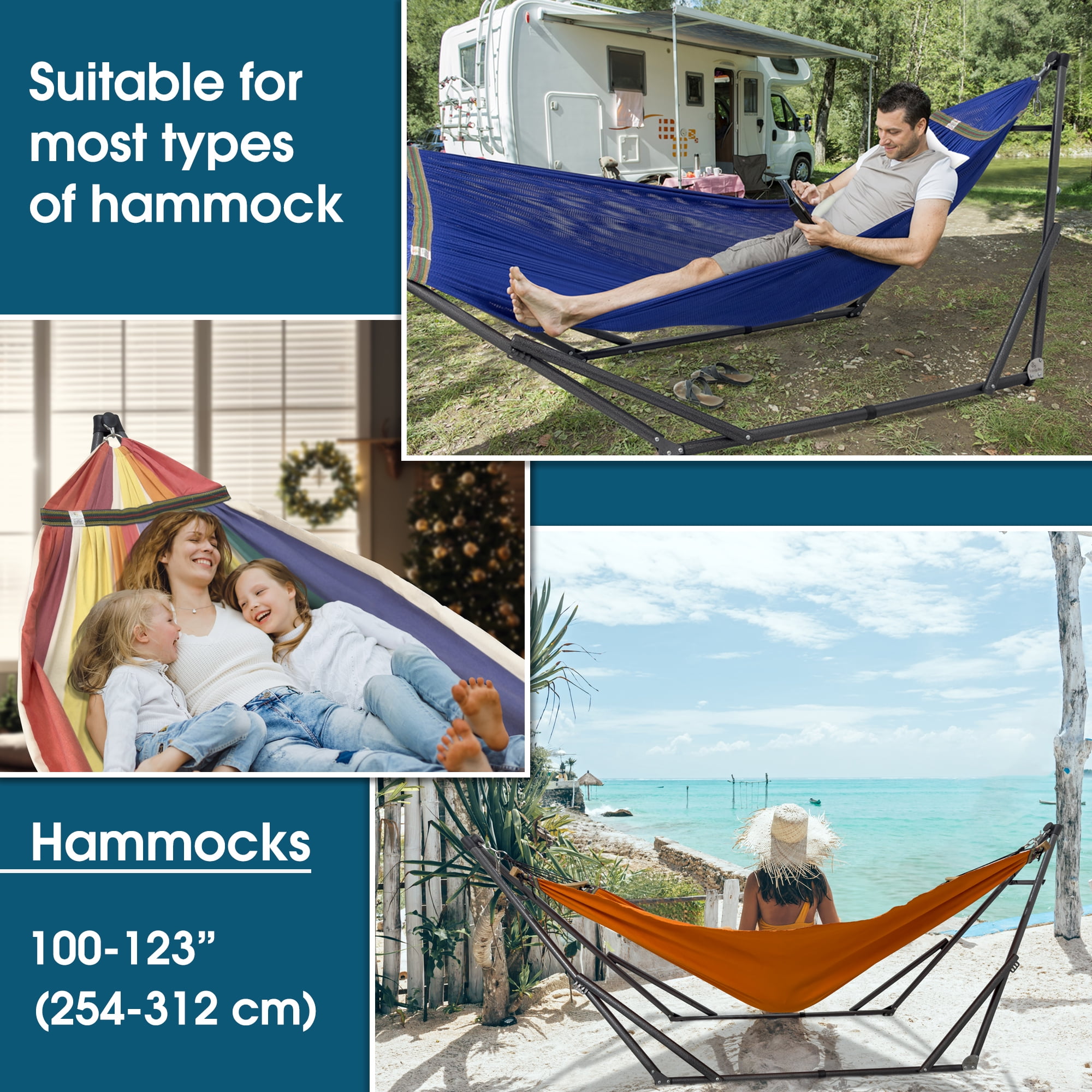 Tranquillo Camping Hammock and Stand, Collapsible Camping Hammock and Stand, 600 lbs Capacity Foldable Hammock for 2 Persons, Premium Noiseless No Screws Heavy Duty Multifunctional Stand, Blue