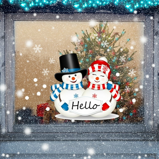 Pegatinas de pared con dos muñecos de nieve en inglés, pegatinas navideñas de doble cara para vidrio visible, pegatinas decorativas para pared.
