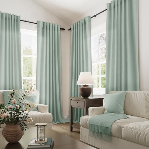 Aqua Green Linen Semi Sheer Curtains 108 Inches Length Light Filtering Neutral Farmhouse Boho Rod Pocket Back Tab Hook Belt Clip Rings Window Drapes for Bedroom Living Room 2 Panels 52x108
