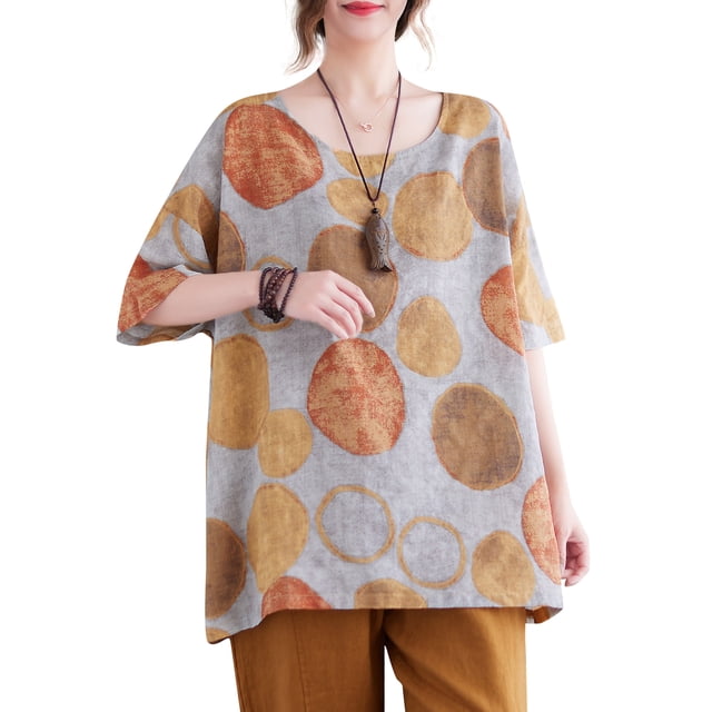 Blusa holgada estampada para mujer, manga media, cuello redondo, estilo vintage, informal
