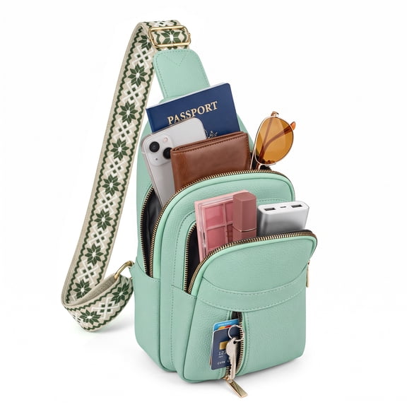 Light Green Crossbody Bag, Water Resistant PU Leather Sling Bag, Fanny Pack Bum Bag, Small Travel Bag with Back Pocket