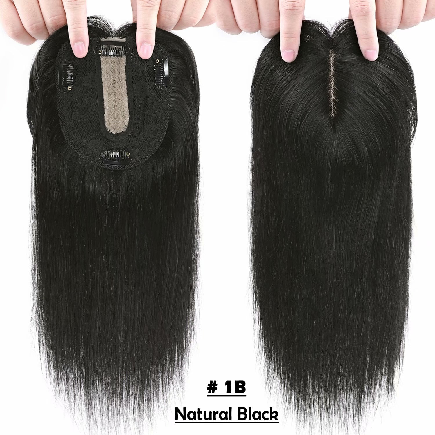 Benehair Women's Hairpieces Silk Base Clip In Topper Toupee Hairpiece With Bangs Hair Loss Black Seamless
