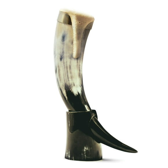 Norse Tradesman genuine 12 Ox-Horn Viking Drinking Horn with Brass Rim, Fitted Horn Stand & Burlap gift Sack - The classic, 12-Inches, High Polish