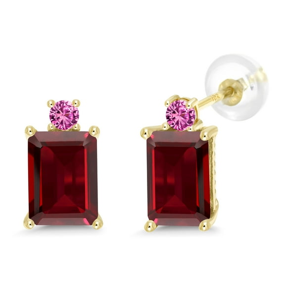 Gem Stone King 4.00 Ct Emerald Cut Red Garnet Pink Created Sapphire 10K Yellow Gold Earrings