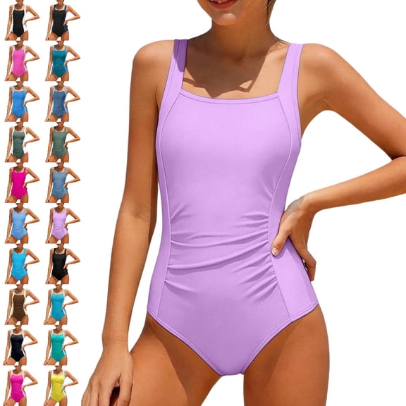 UJNDER Solid Ruffle Full Coverage Swimsuit With Padded Inserts for Toddlers and Kids 7-16Y Bathing Suit One Piece 02_Light Purple,13-14 Years