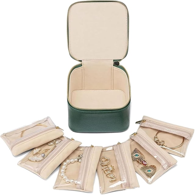 Cajas de cuero para joyas para viajes con bolsas de terciopelo y cremallera para mujeres, estuche de viaje para joyas, estuche organizador de cuero portátil para joyas, estuche organizador de viaje pa